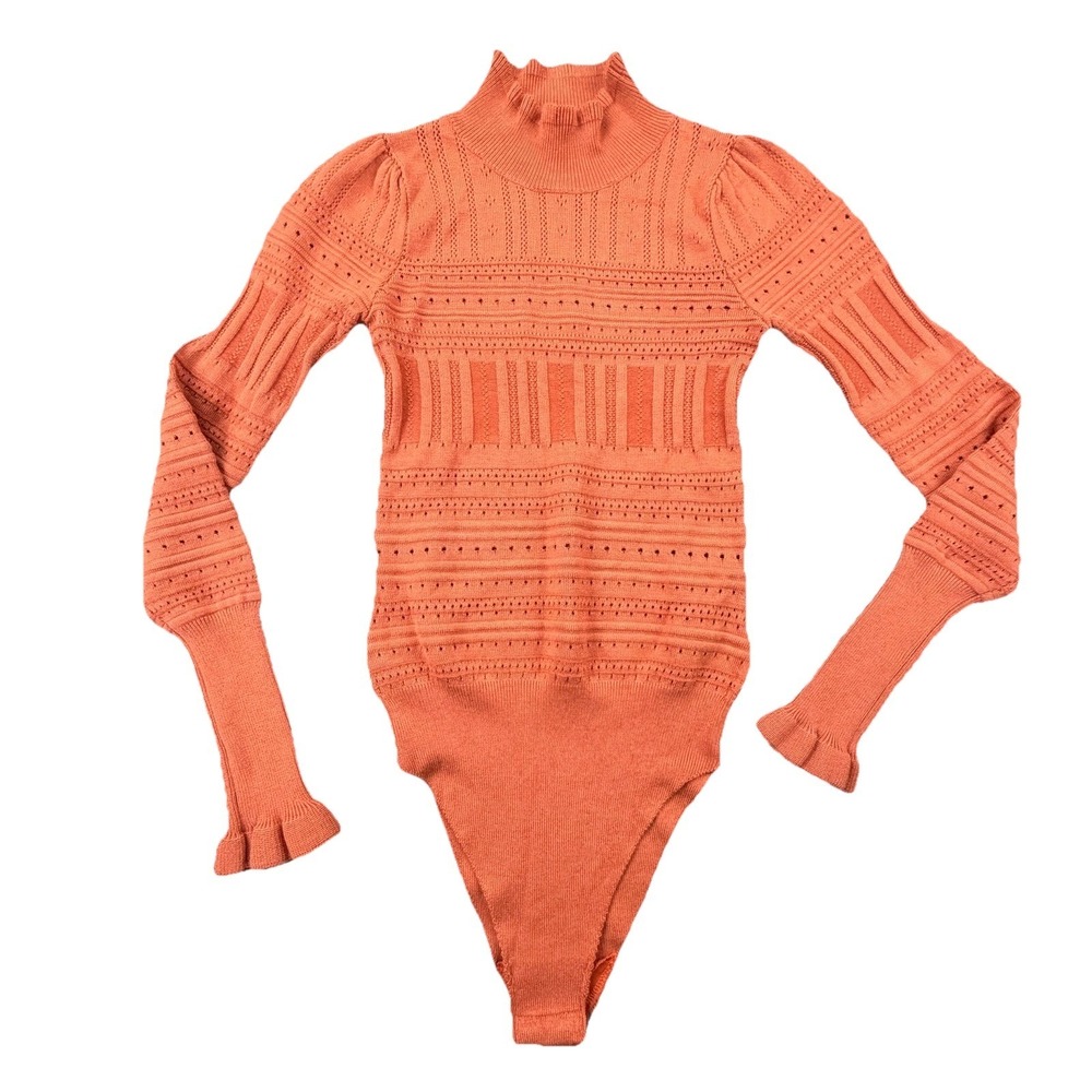 Free People Orange Knit Bodysuit Mock Neck Ruffle Sleeve Boho XS NWOT